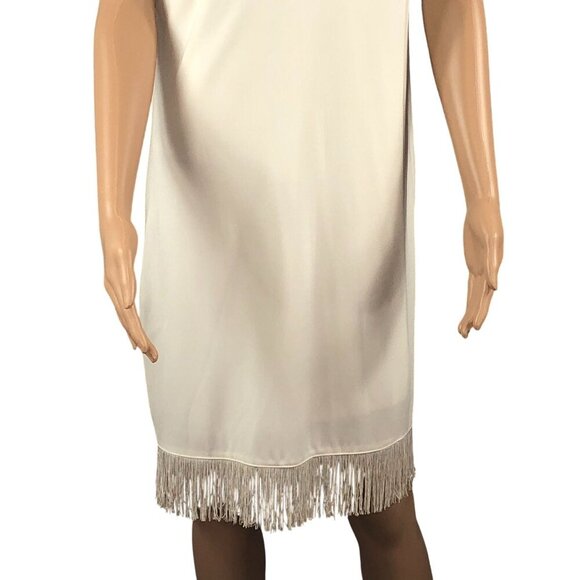 Mango Sleeveless Cream/White Fringe Hem Dress V-Neckline Back Zipper - Picture 5 of 8